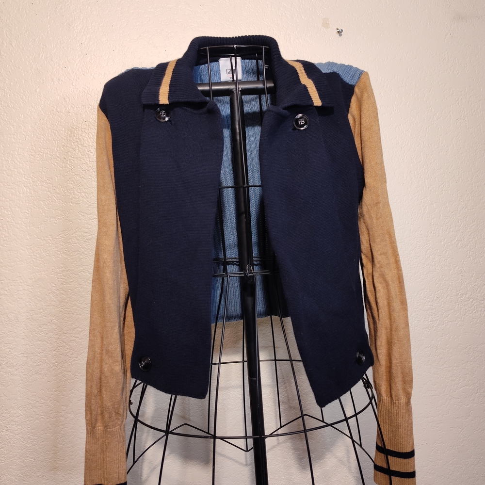 CAbi Navy and Tan Cardigan Sweater